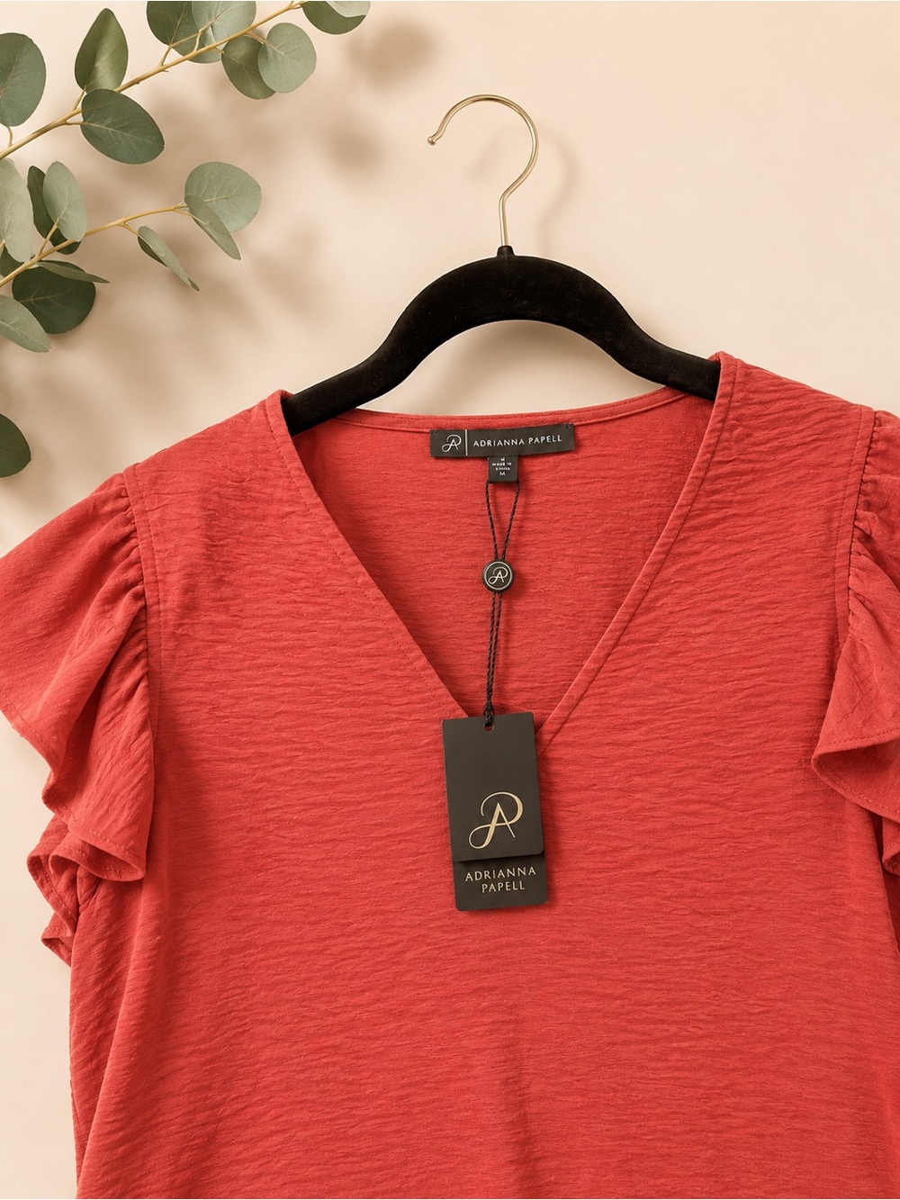 Adrianna Papell Ruffle Sleeve V-Neck Top - Coral Red - Picture 3 of 3